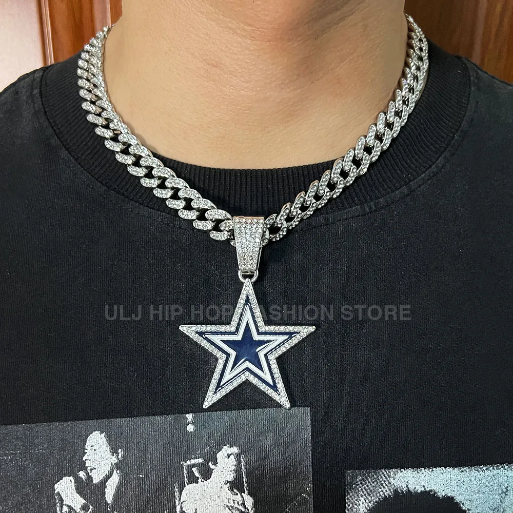 ULJ Men Hip Hop Colorful  Star Pendant Necklace 12mm Miami Cuban Football Chain Iced Out Bling Man Woman Jewelry