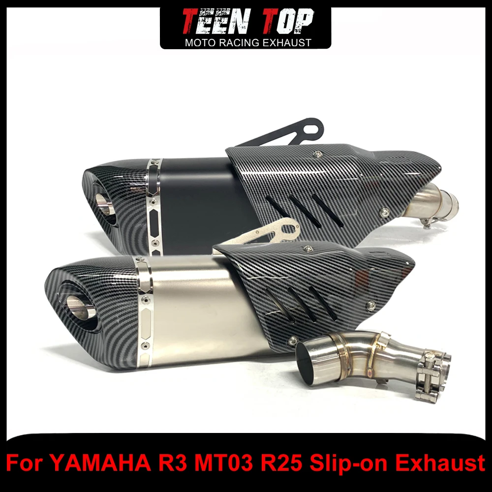

Надеваемый выхлоп для мотоцикла YAMAHA R3 MT03 R25, глушитель средней трубы с поддельной защитной крышкой из углеродного волокна, нержавеющая сталь