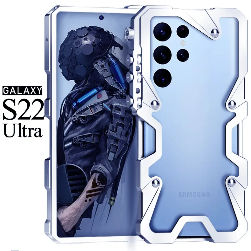 

New! Armor Metal Aluminum Phone Cases Bumper For Samsung Gaxay S24 S23 S22 Ultra Cover Mechanical Purely Handmade Skull Case