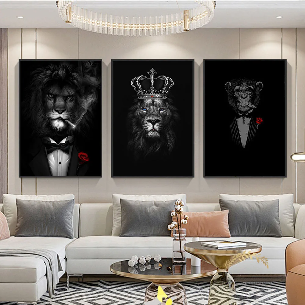 

Industrial Anthropomorphic Animal Canvas Painting Modern Smoking Lion Wall Art Poster Living Room Bar Home Decoration Picture