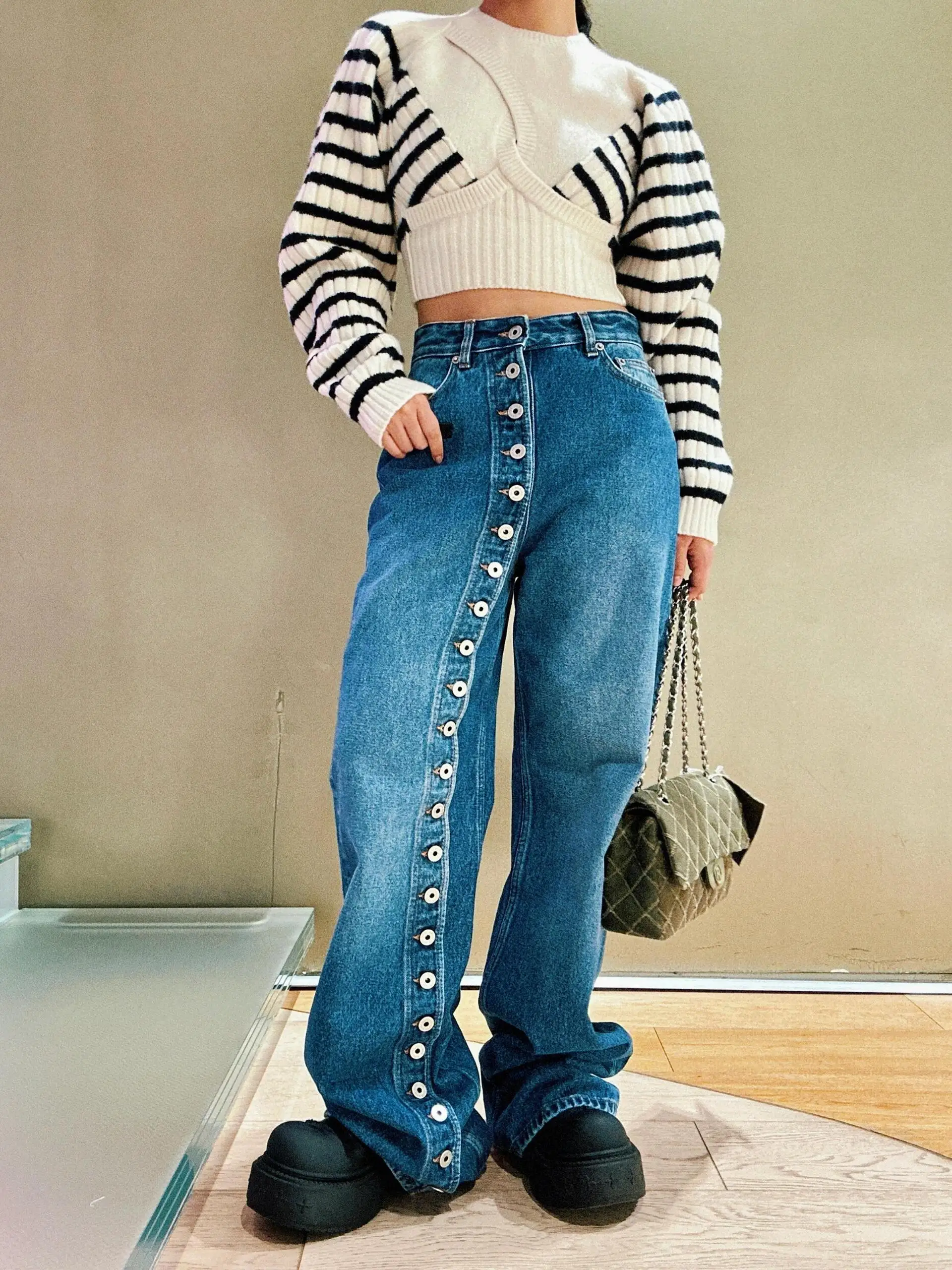 

American Style Retro Heavy Duty Button Straight Leg Jeans Women High Street Personality Loose Slim Wide Leg Floor Length Pants