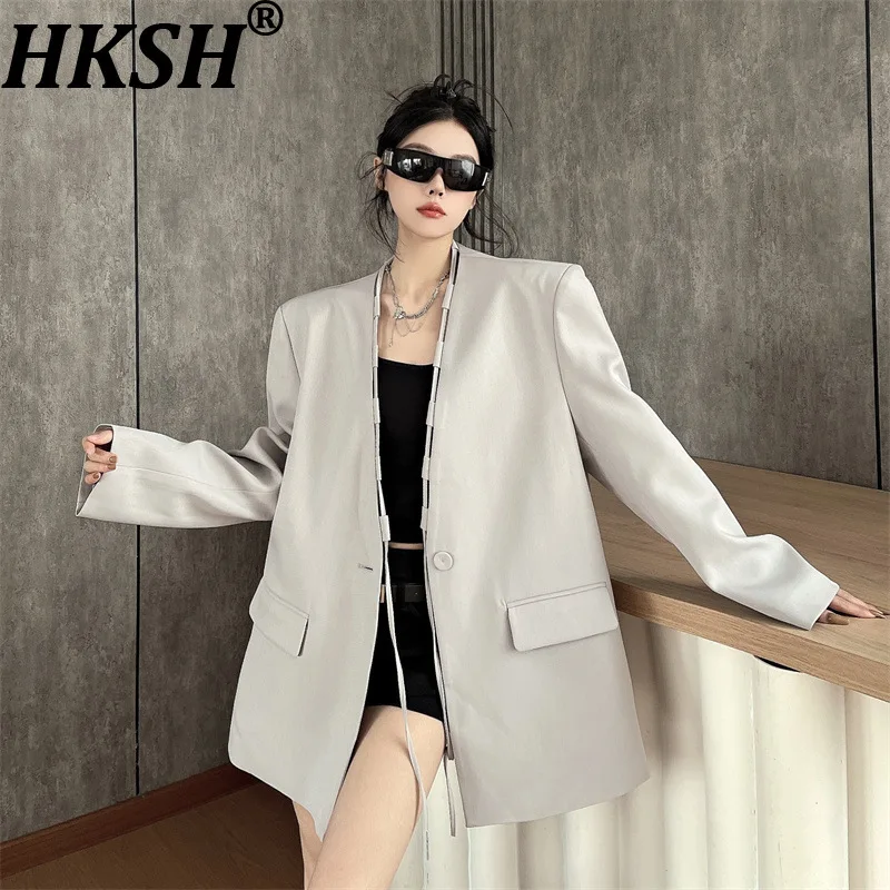 HKSH Women Blazer Solid Color V-neck Single Button Versatile Elegant Fashion High-end Minimalism Jacket New Spring Autumn K21594