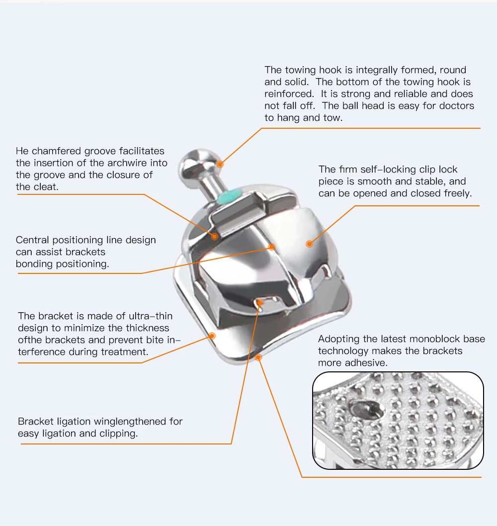 AZDENT Zahnärztliche Kieferorthopädische Selbstligierende Monoblock-Brackets Roth MBT 0.022 mit Haken 345 und Bukkalröhrchen für die Zahnmedizin – Detail 8