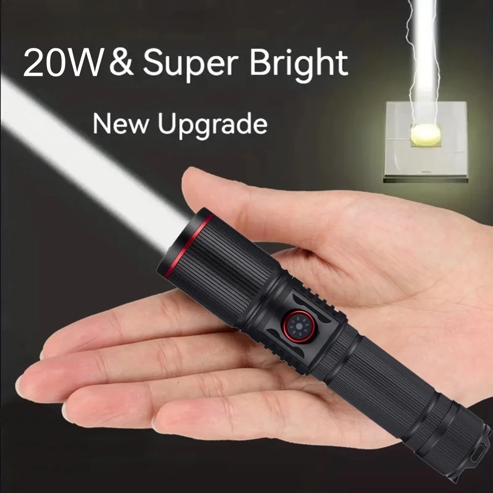 20W latarka LED dużej mocy latarka z zoomem lampa USB z możliwością ładowania Outdoor Camping polowanie wędkarstwo spacery lampa oświetleniowa do