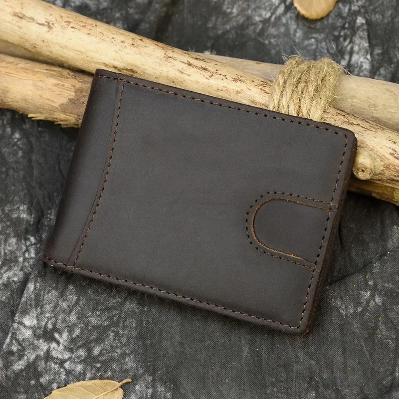 Porta carte di credito da uomo in vera pelle Crazy Horse Leather Retro Dollar Clip RFID Blocking Money Clip portafoglio in pelle bovina