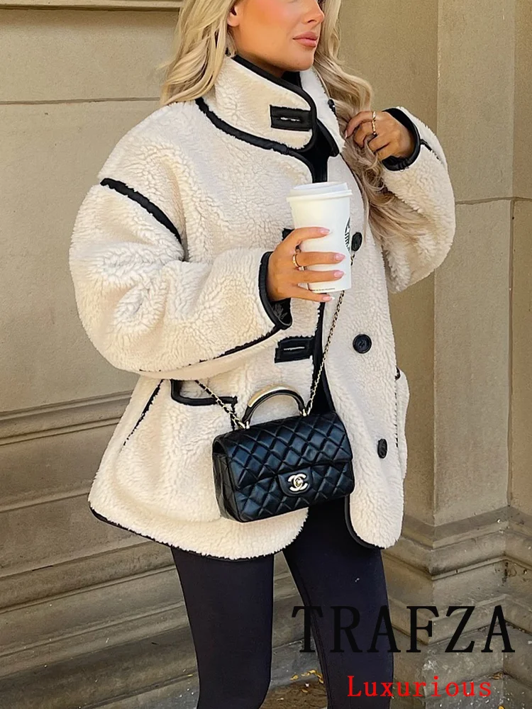 TRAFZA Vintage Casual Chic White Women Jackets Solid Stand Collar Long Sleeve Warm Coat New Fashion 2024 Autumn Winter Outwear