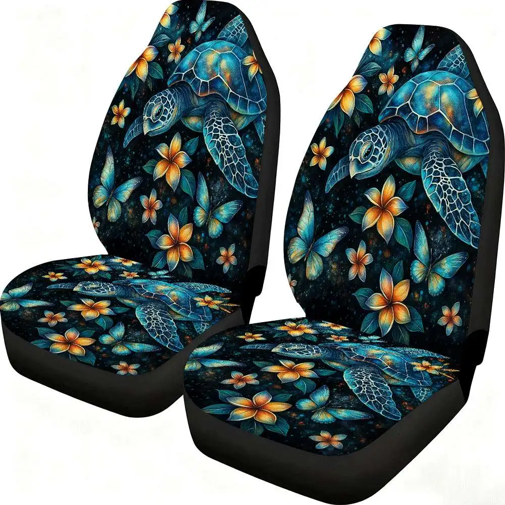 2pcs Tropical Floral & Sea Turtle Car Seat Covers - High Back Design, Durable Polyester, Fit For Cars, SUVs, Trucks - Women'S Ca