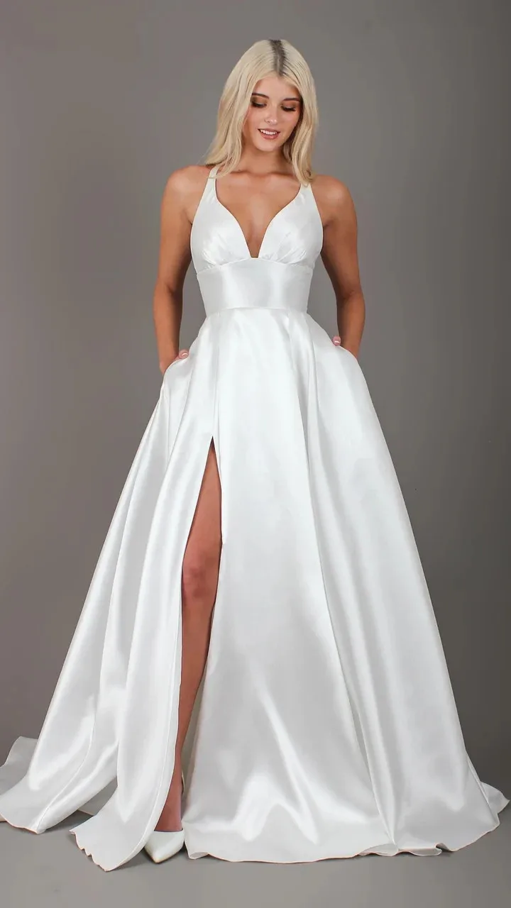 

White Ivory Wedding Dresses V Plunge Neckline Spaghetti Strap Satin Bride Gown with Pockets Leg Slit Simple Bridal Dresses