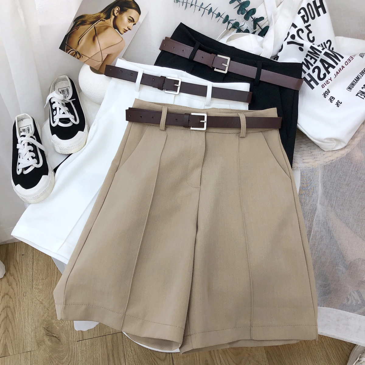 High Waist Solid Loose Wide Leg Capris Shorts Summer 2021 Casual Suit Fabric Elegant Wild Shorts Work Office Slim Short Trousers