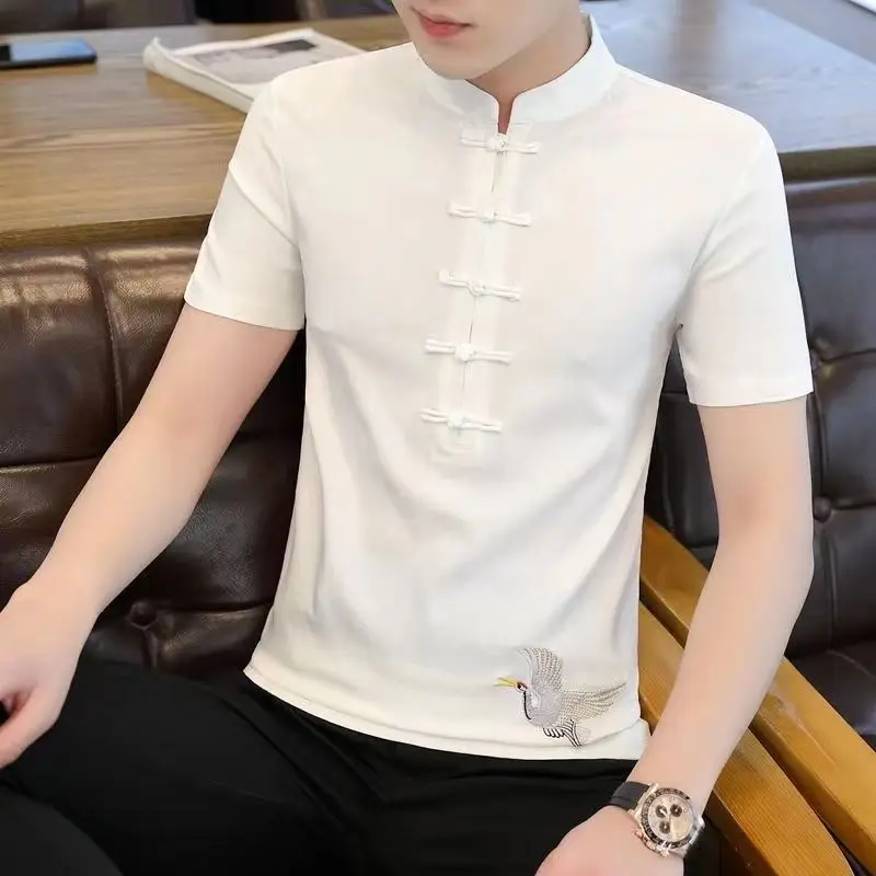 

Мужская футболка в китайском стиле с коротким рукавом, хлопково-льняная, ретро, приталенная, с вышивкой журавля, в стиле Тан, Ханьфу, этнический топ