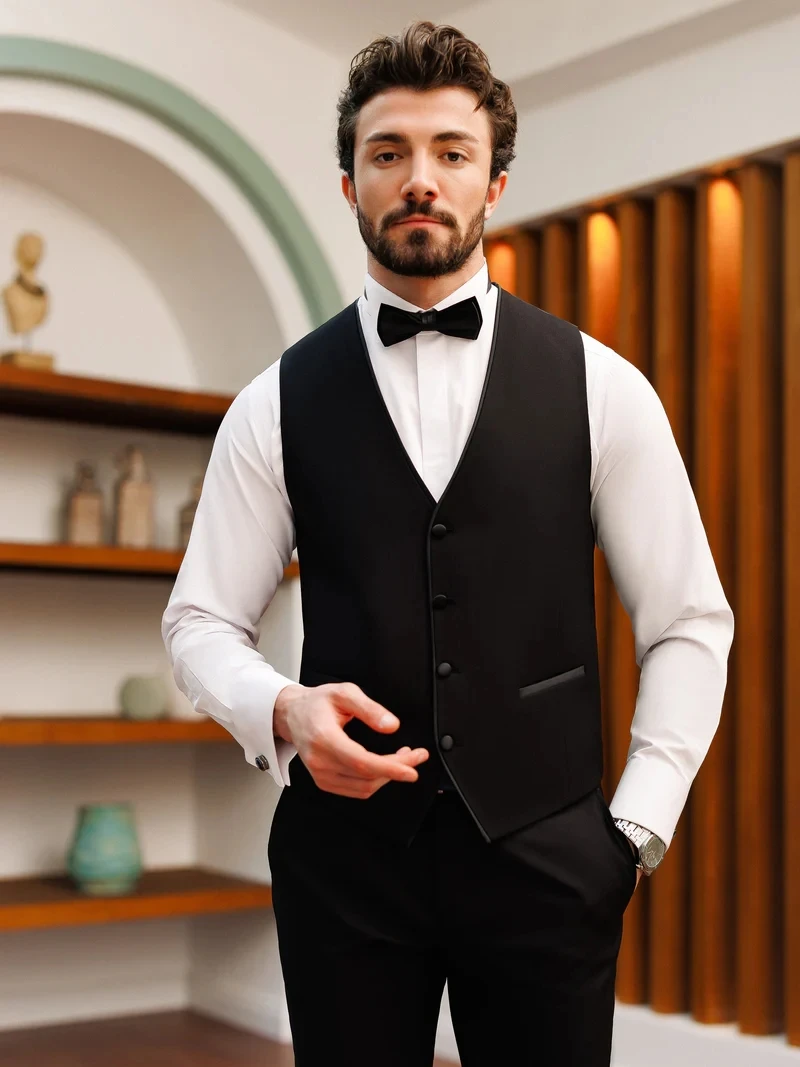 Bellissimo abito da smoking nero aderente per uomo, gilet, cappotto, pantaloni, occasioni formali, matrimonio, cocktail, 3 pezzi, 2024