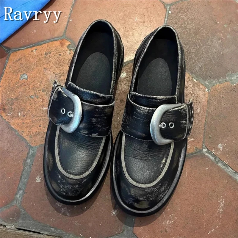 Vintage Design Washed Black Leather Loafers Men's and Women's Silver Buckle Decor Slip On Casual Derby Shoes