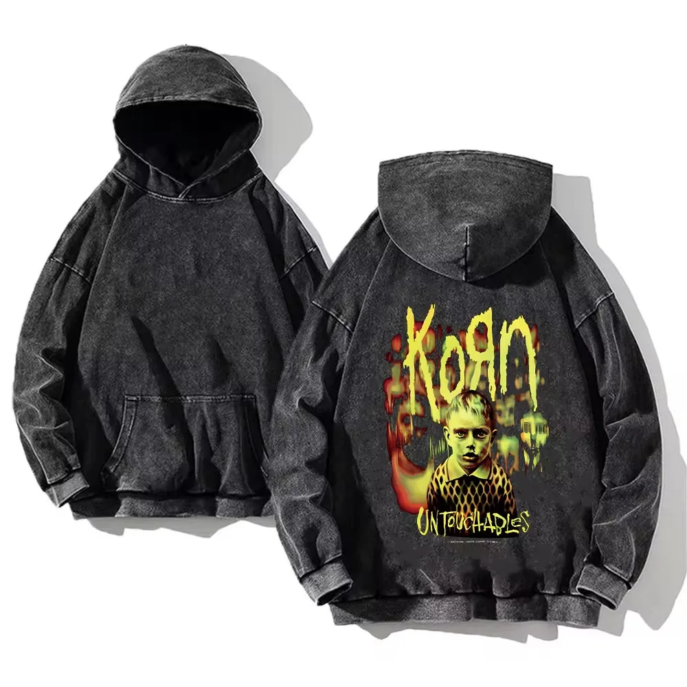 Korn Rock Band World Tour Hoodies Vintage Washed Men\'s Sweatshirts Cotton Hip Hop Streetwear Hooded Pullover Loose Y2K Tops