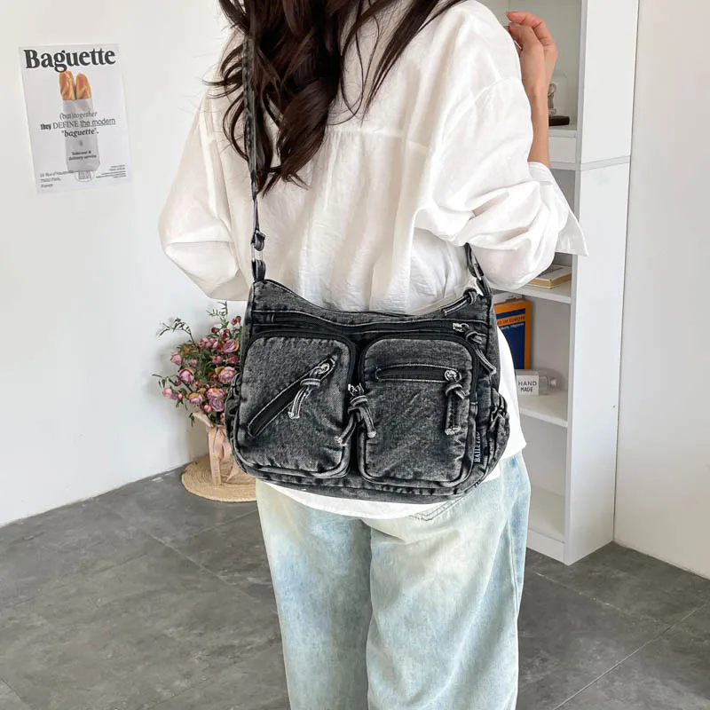 Casual Denim Canvas Shoulder Bag Solid Color Zipper Versatile Crossbody Bag Fashionable Communicating Adjustable Strap Purse