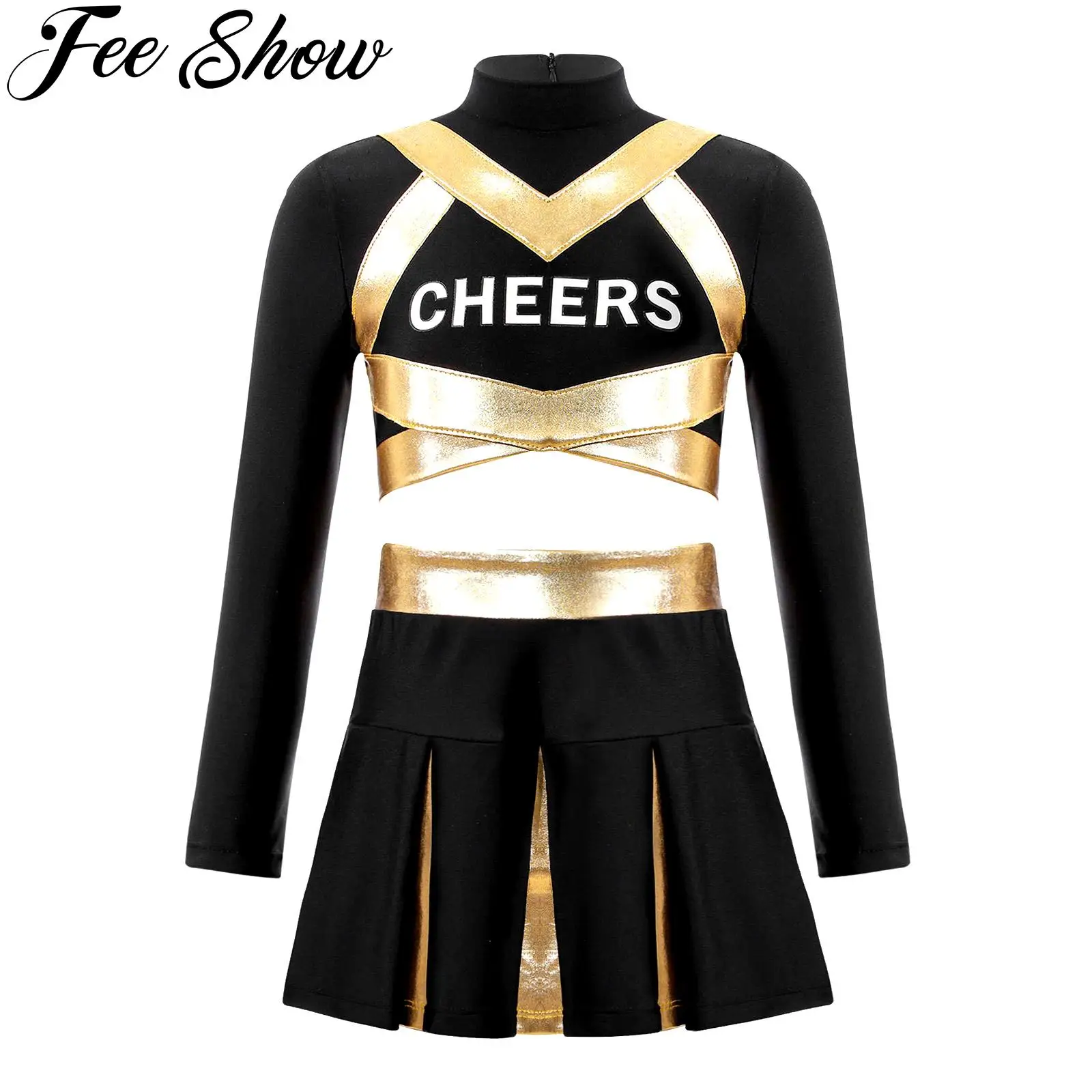 

Cheerleader Costume for Girls Kids Long Sleeve Crop Top and High Waist Skirt Cheerleading Outfit Halloween Party Dress Up