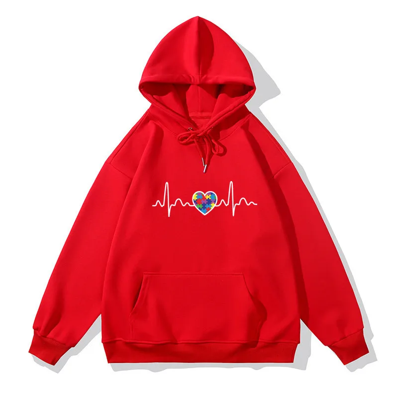 

Autism Awareness Heartbeat Puzzle Autism Casual Streetwear Harajuku Men Women Cotton Hoodies Sweatshirts