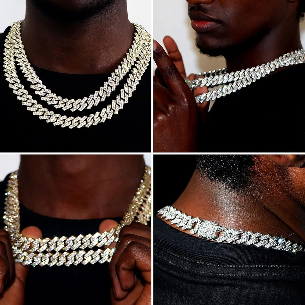 

14mm Hip Hop Rhombus Cuban Link Chain Necklace Brass Setting Zircon Box Buckle 18K Gold Plated Iced Out Mens Bracelet