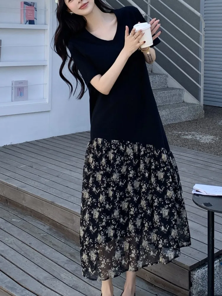 فستان نسائي كوري صيفي جديد من فيستدوس رداء Elbise فضفاض مقاس كبير مرقع قطعتين مزيفين بأكمام قصيرة فستان طويل