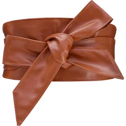 Woman Wide PU Leather Belt Obi Belt Self Tie Cinch Belt Wrap Around Bowknot Waistband Bright Color for Dress