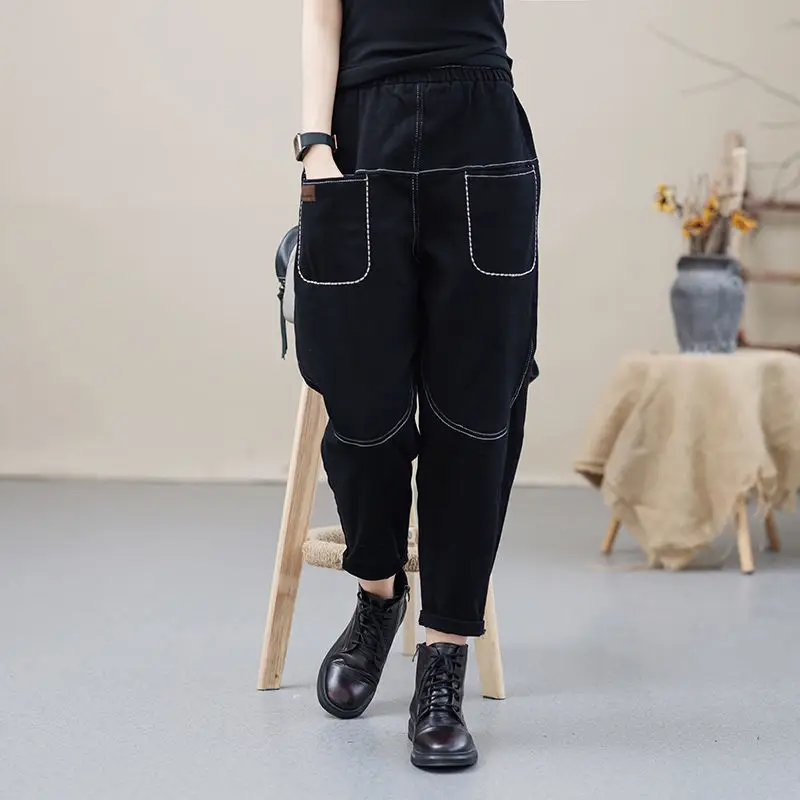 

Autumn and Winter Women's Patchwork High Waist Elastic Harem Pockets Loose Vintage Fashionable and Casual Office Lady Trousers