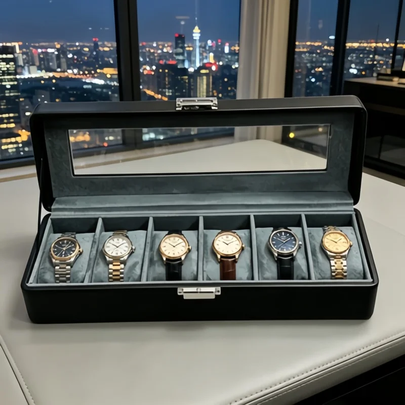 

Graduation Gift 6 Slot Watch Box Set, Lockable Leather Watch Organizer + 2 Storage Bags for Students