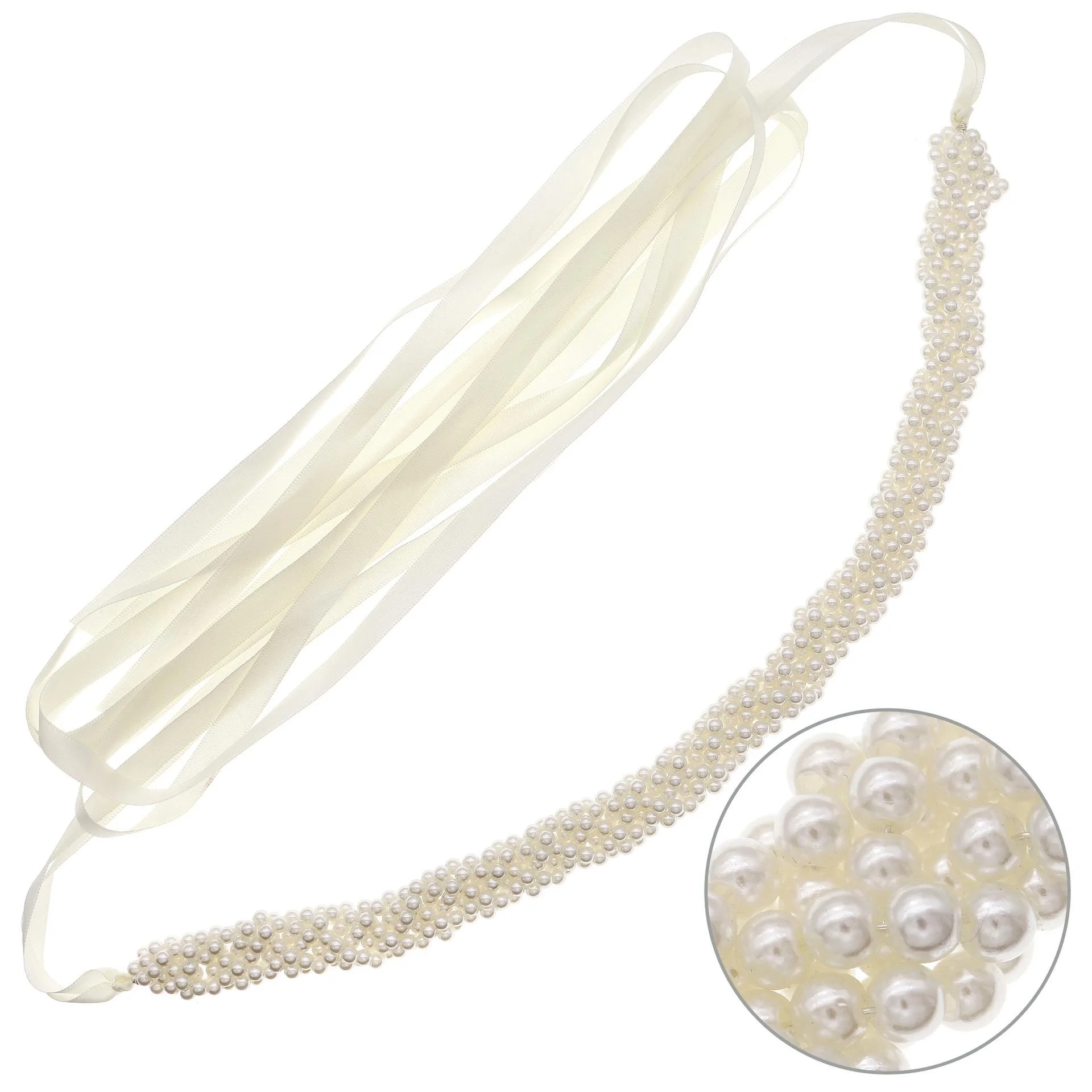 Handmade Pearl Beaded Chain Satin Ribbon Back Tie Wedding Dress Belt Bride Sashes for Wedding Bridesmaids Dress Gown