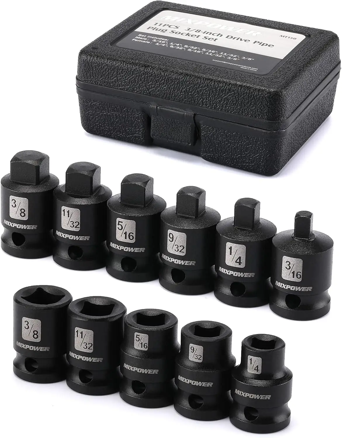 

11 Pieces 3/8-inch Drive Pipe Plug Socket Set, SAE, CR-MO, Tapered Male Square Drive, Chamfered Female Square Drive