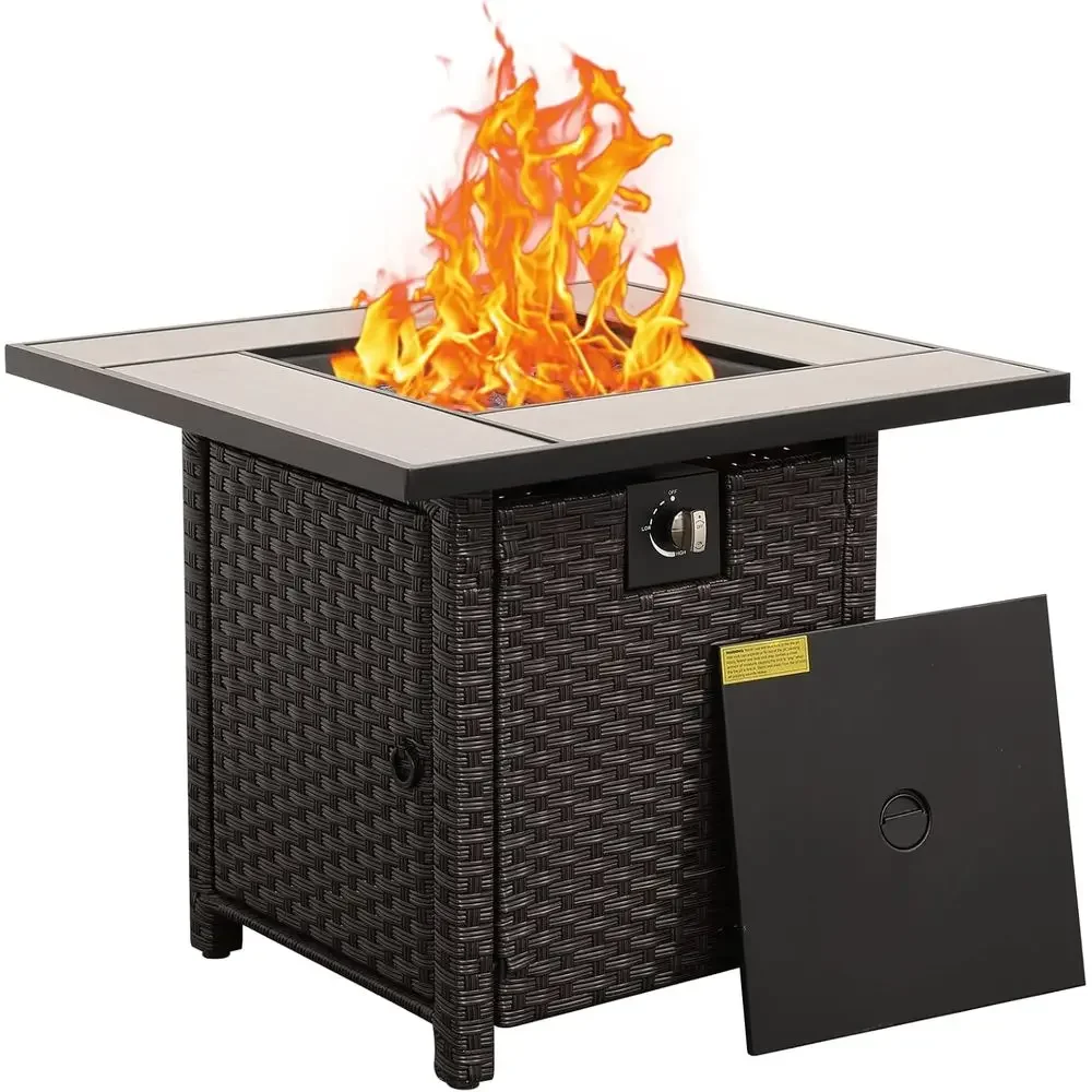 30 Inch Outdoor Wicker Gas Fire Pit Table with Woodgrain Marble Top and Blue Crystal Beads Cover