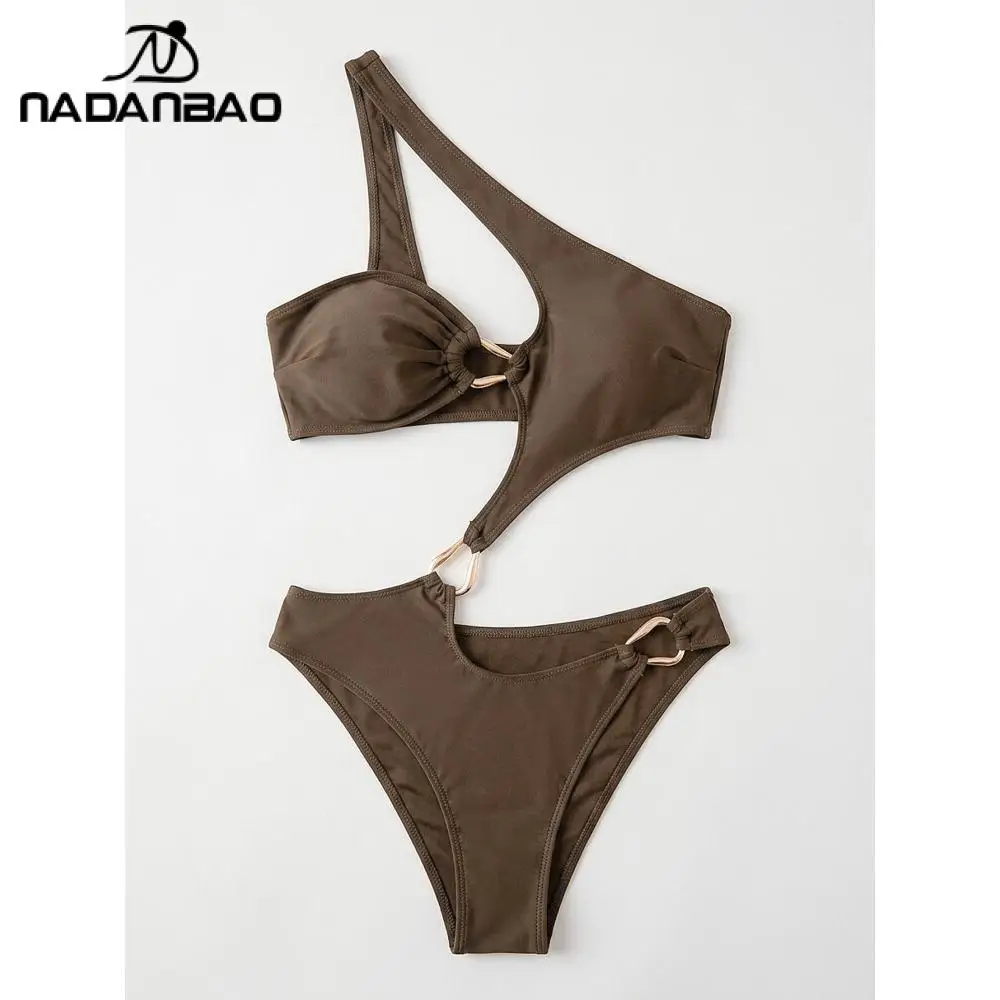 Nadanbao Fashion Women's Brown One-Piece Swimsuit One-Shoulder Asymmetric Swimwear Sexy Slim Bathing Suit Pool Party Beachwear
