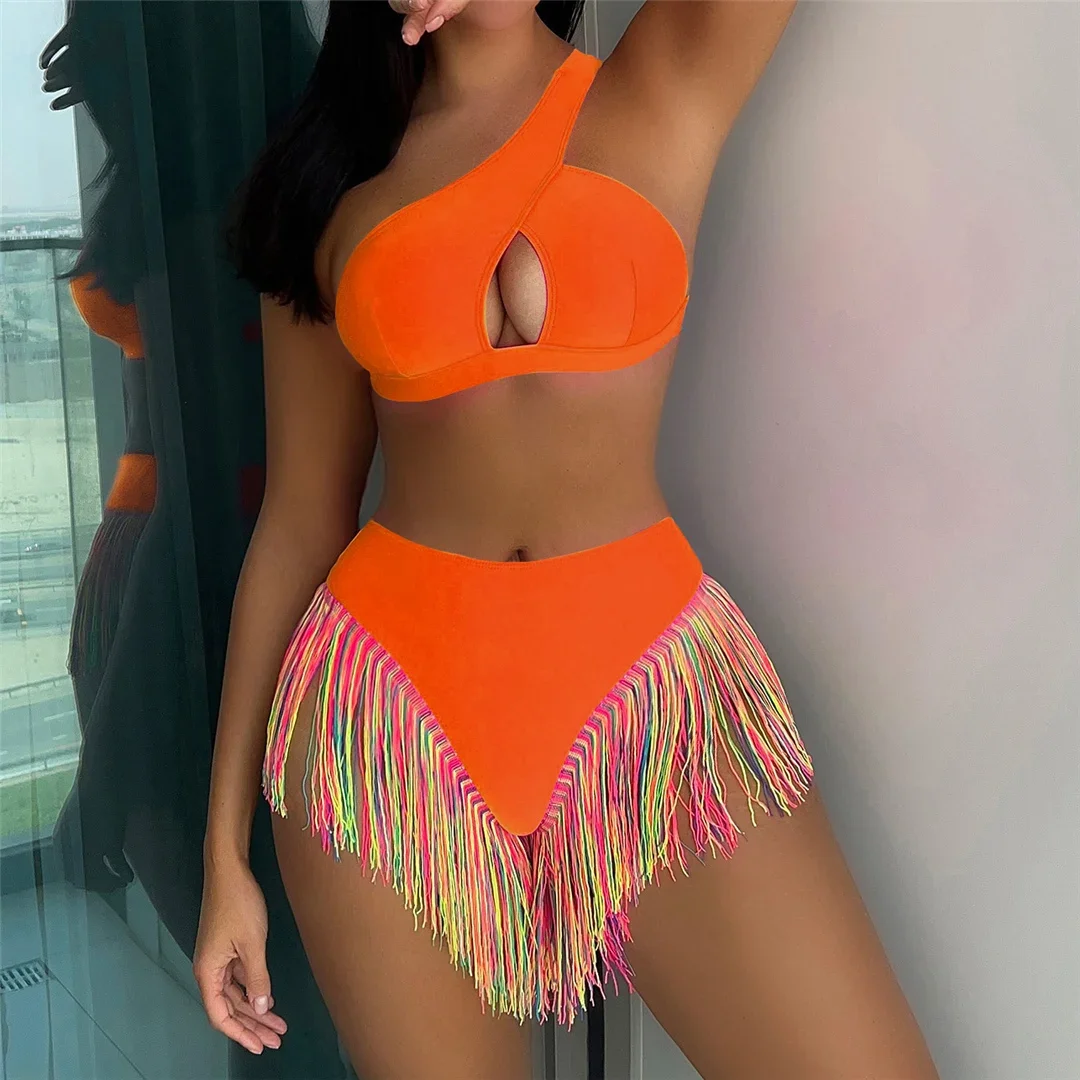

Женский купальник на одно плечо с бахромой и кисточками, бикини с высокой талией, женский купальник, комплект бикини из двух предметов, купальный костюм для купания