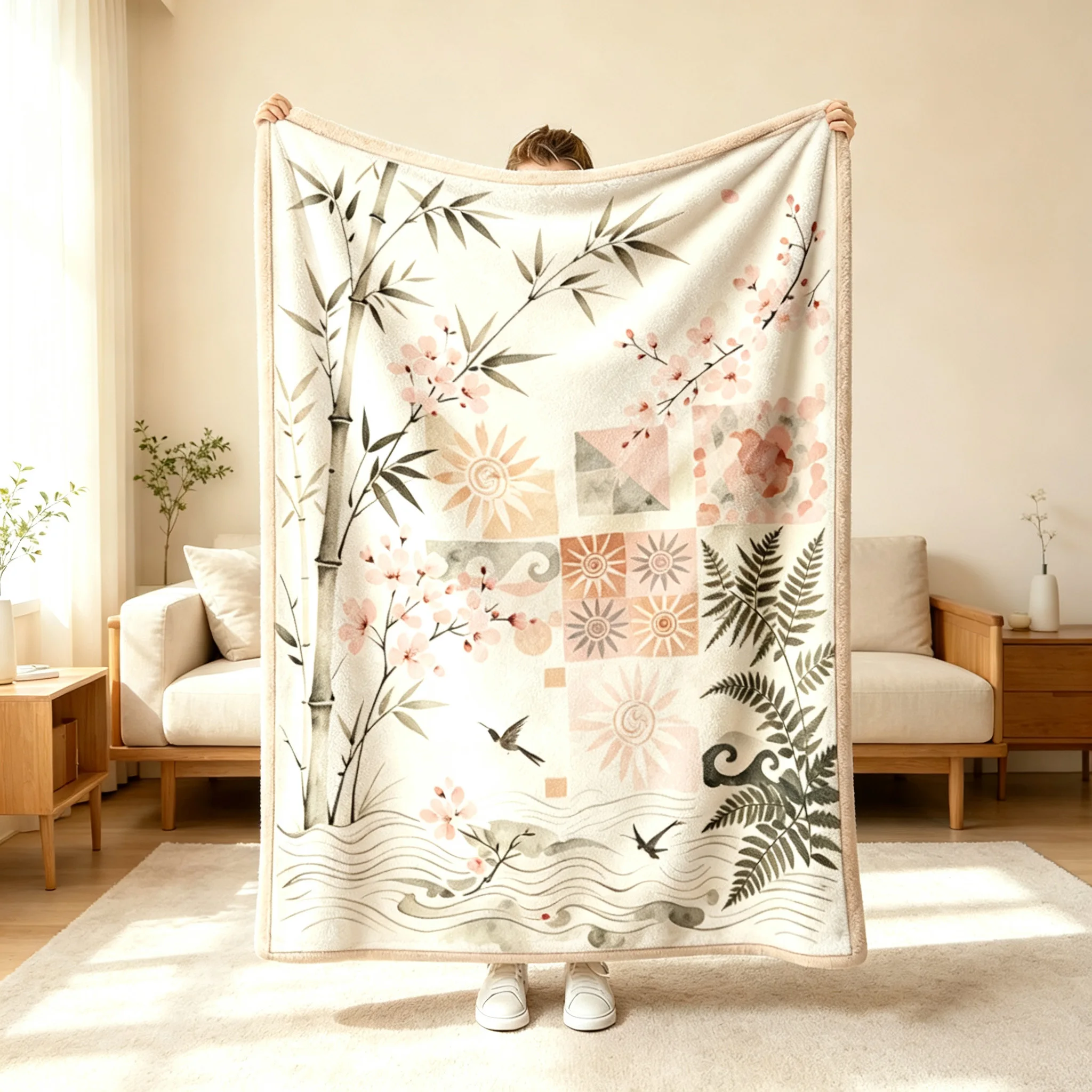 1pc New Chinese Bamboo Flower Bird Print Flannel Throw Blanket Soft Cozy For Sofa Break Nap Home Decor Housewarming Gift