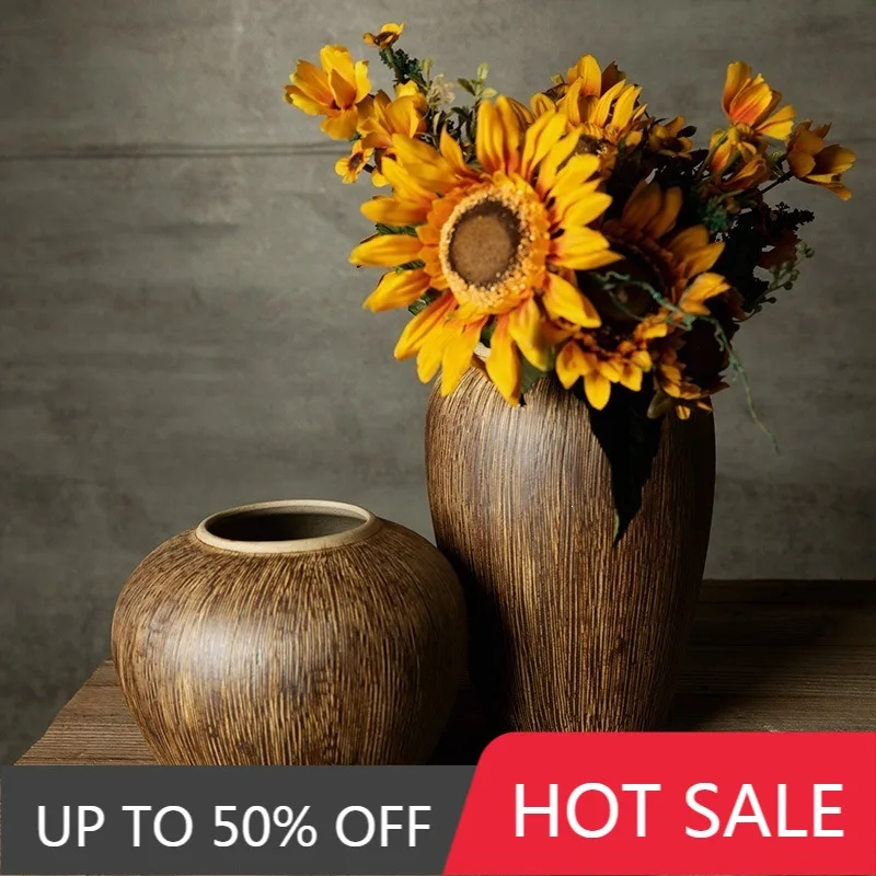 Ceramic Vase Aesthetic Japanese-style Vintage Vase Retro Threaded Dried Flowers Decoration Vases Elegant Home Table Ornament