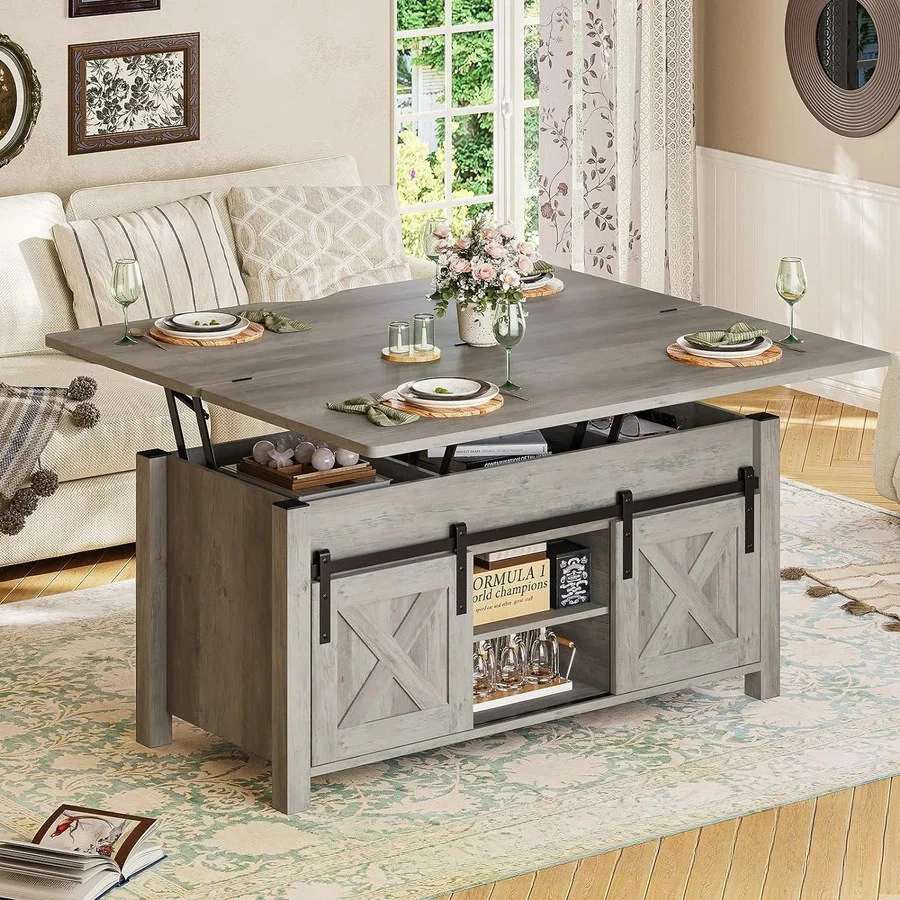 

New custom, liftable coffee table 2 sliding barn door storage dining table