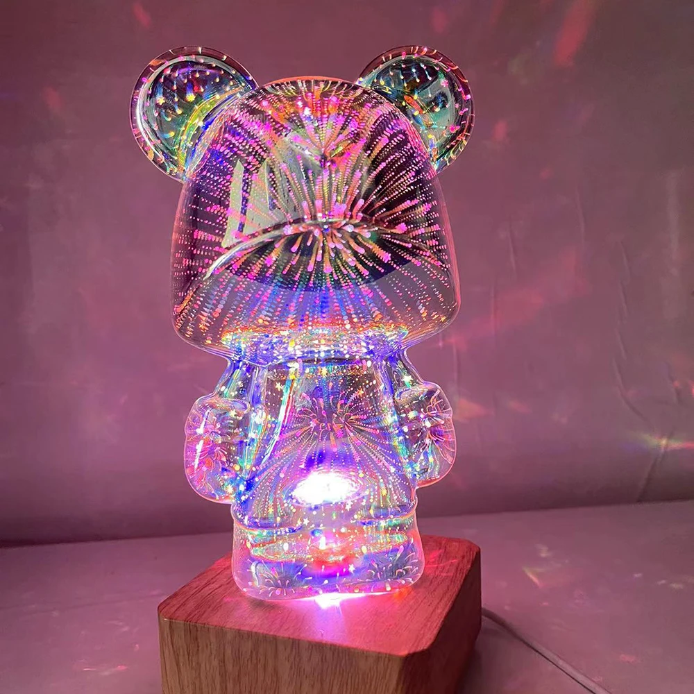 Creative LED Night Light 3D Glass Cute Bear Fireworks Lamps Bedroom Decoration Atmosphere Lamp Bedside Table Light