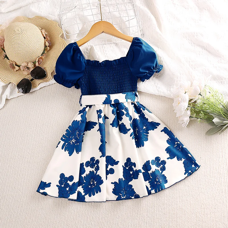 Girl Dress Summer New Sweet Print Patchwork Bubble Sleeve Blue Princess Skirt Birthday Party Dress Girl Baby Children\'s Clothing