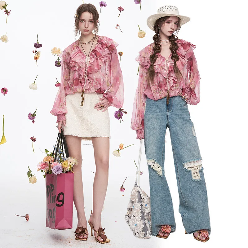 French ruffle print chiffon shirt for women in spring 2025, new design style and temperament top