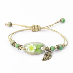 Vintage Ceramics Flower Bracelet Green Stone Beads Bronze Leaf Charms Bangle Handmade Craft Rope Chain Adjustable Woman Jewelry