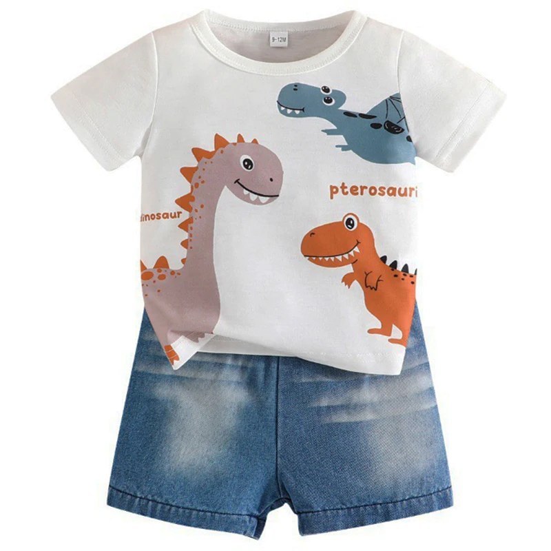 

Summer Boys Sets Clothing Kids Clothes Casual Cartoon Print Short Sleeve Baby Tops+Denim Shorts Toddler Boutique Outfits BC1753