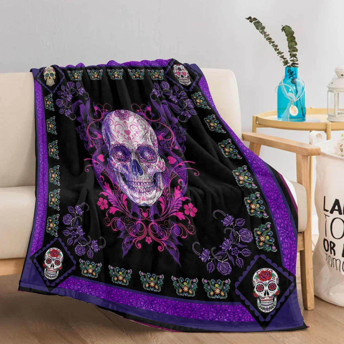 Halloween Decor Black Skull Pattern Throw Blanket Skull Purple Floral Soft Cozy Fleece Flannel Throw Blanket for Couch Sofa Bed