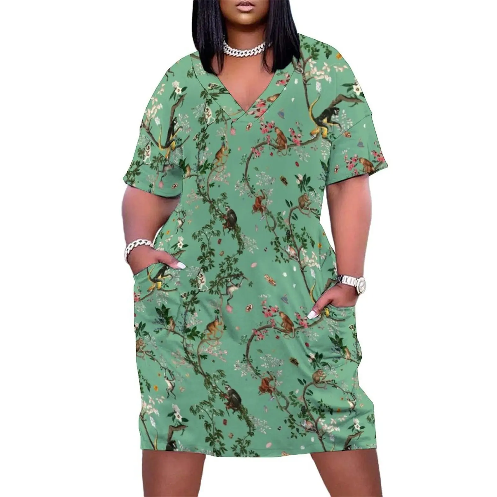 

Monkey World Green Loose Pocket Dress women dress Dress for pregnant women elegant women"s sets Elegant gown