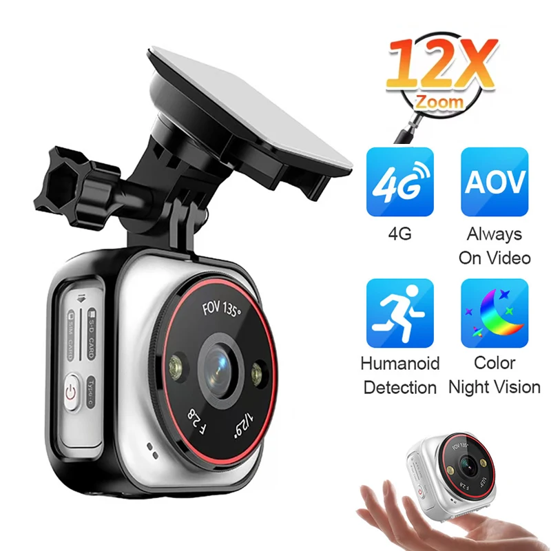 Mini AOV Security Camera 4G SIM 12X Zoom IP Camcorder 24/7 Recording Pocket Action Camera Outdoor CCTV Waterproof Two-way Audio