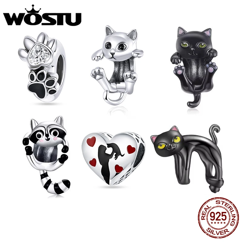 

WOSTU 100% стерлингового серебра 925 пробы, милый котенок, черный кот, подвески в виде животных, бусина для женщин, подходят для оригинального браслета «сделай сам», ожерелье, ювелирное изделие, подарок