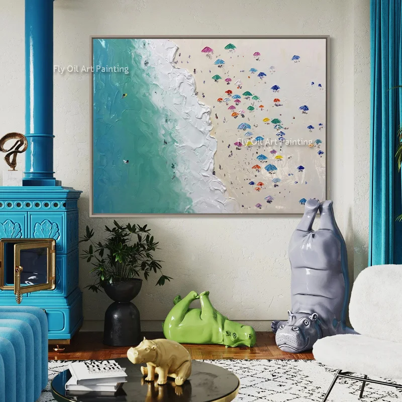 اليدوية الحديثة الأخضر الأبيض المناظر البحرية الفني الصيف نشاف البحر قماش الفن الناس يلعبون على الشاطئ لوحة زيتية سميكة للديكور