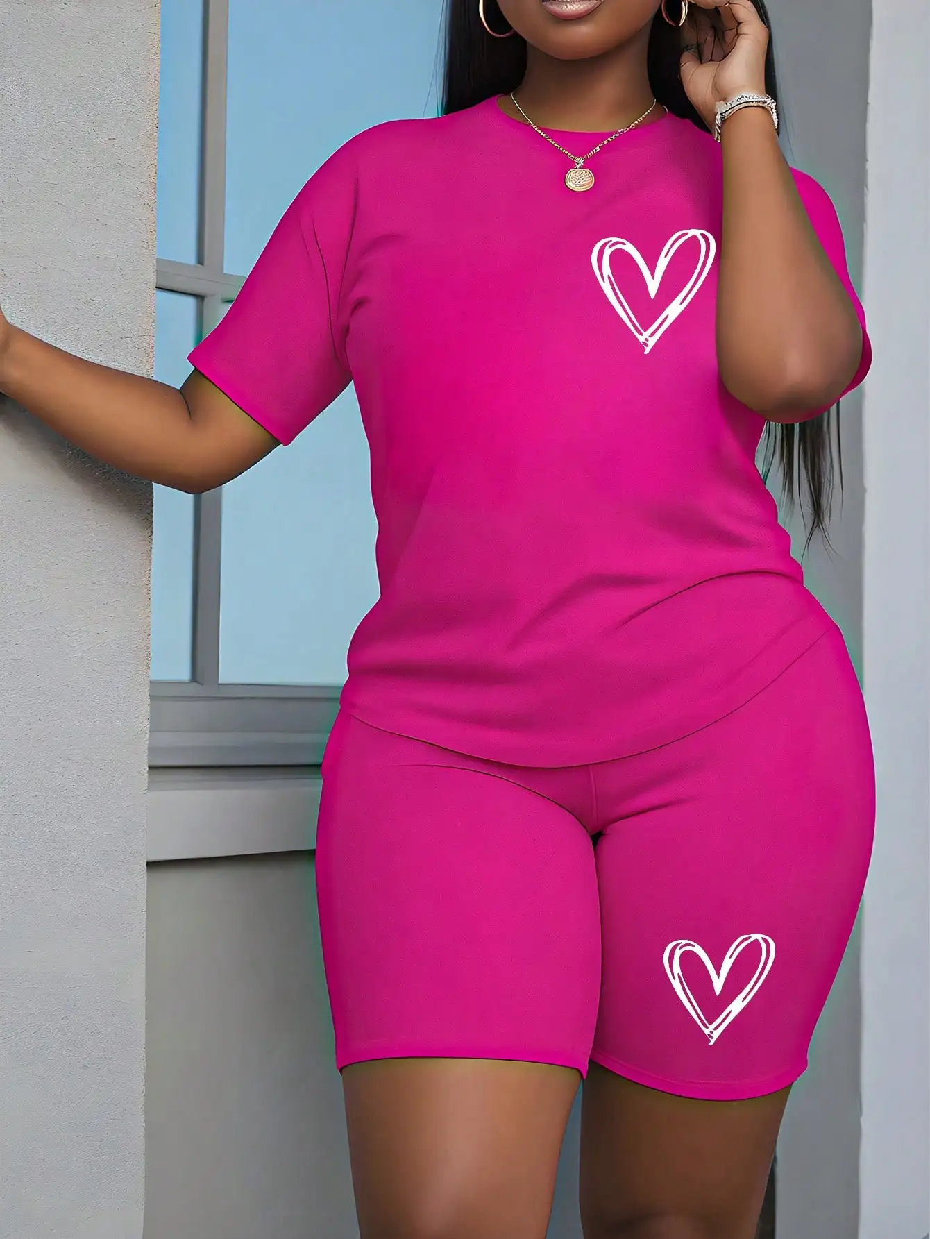 

Розовый комплект из двух предметов с принтом в виде сердечек для женщин, повседневный летний наряд