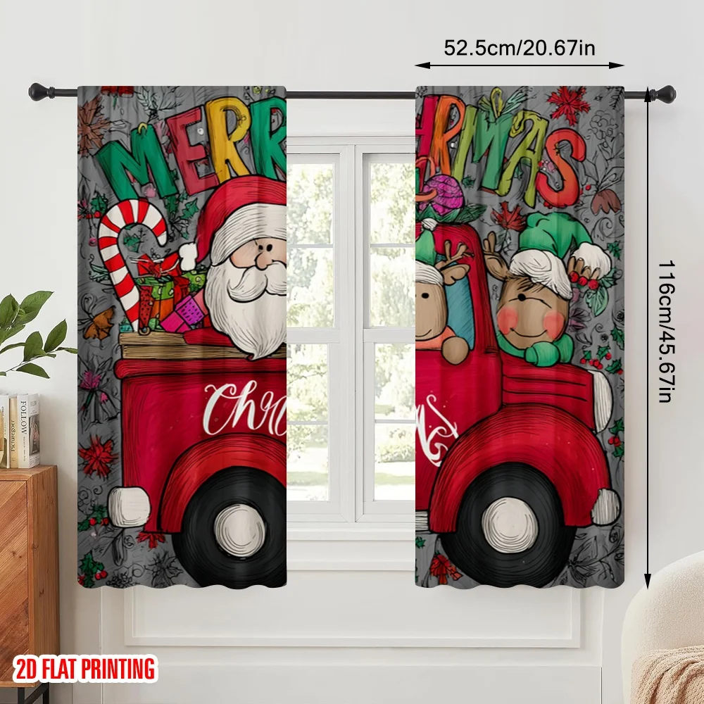 2pcs,2D plane printing Curtain Fabric Santa Claus & Elk Car Durable Polyester (without rod) Holiday Ldeal for Bedroom Living