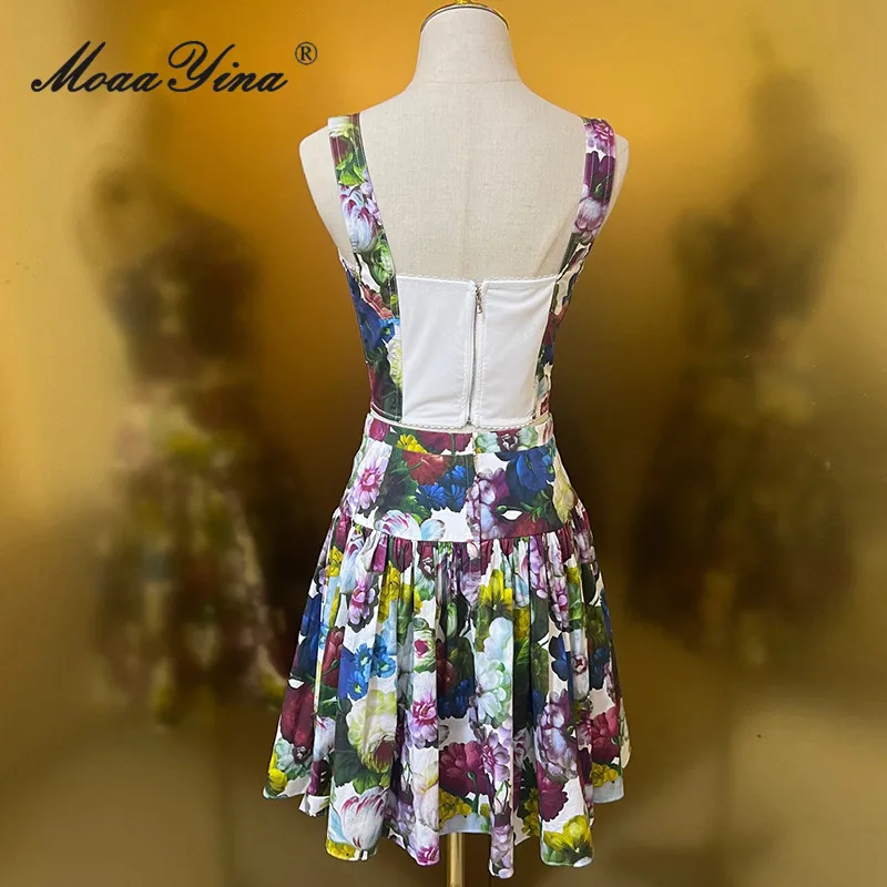 MoaaYina saia com estampa floral para mulheres, colarinho quadrado vintage, sling fino sem mangas, mini saia, designer de moda primavera, 2 peças