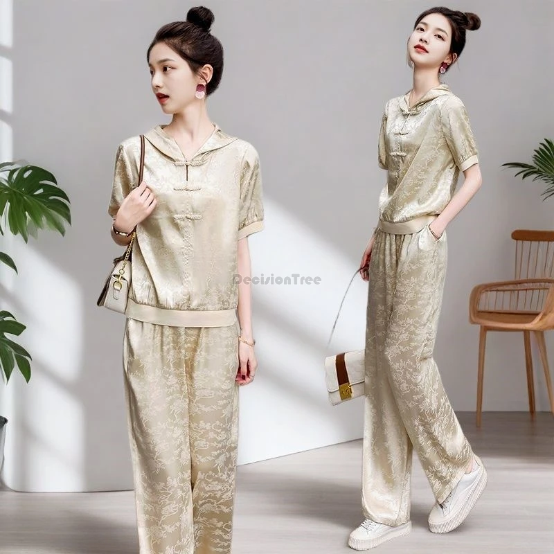 2026 new chinese improved retro fashion women's summer sportswear short sleece cheongsam button blouse long pants 2 piece set