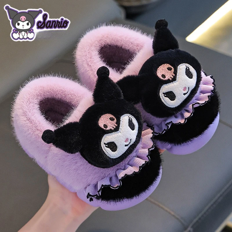 Sanliou Autumn and Winter Children's Cotton Slippers, Girls' Warm and Furry Parent-child Kuromi Bag Heel Cotton Shoes view 2