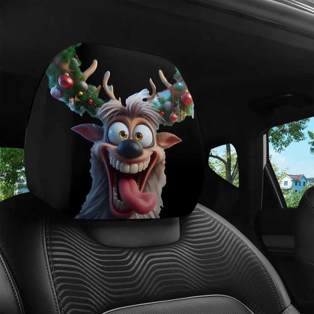 Christmas Reindeer Funny Expression Headrest Cover, Easy-to-Install Headrest Protector Cover, Car Interior Decorative Accessory