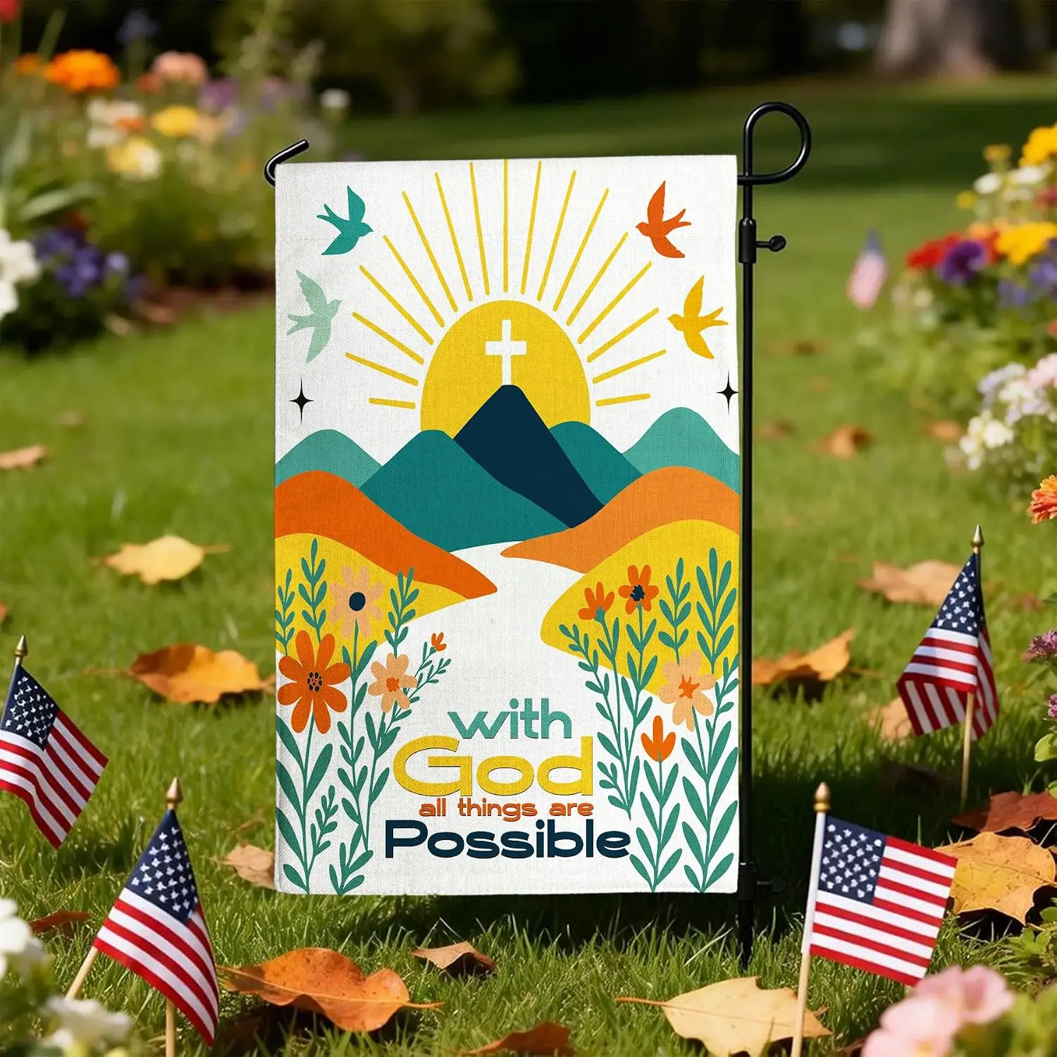 Christian Garden Flag 12x18 Double Sided - God All Things Possible | Summer Yard Decor for Lawn Patio Farmhouse Double Sided kkz
